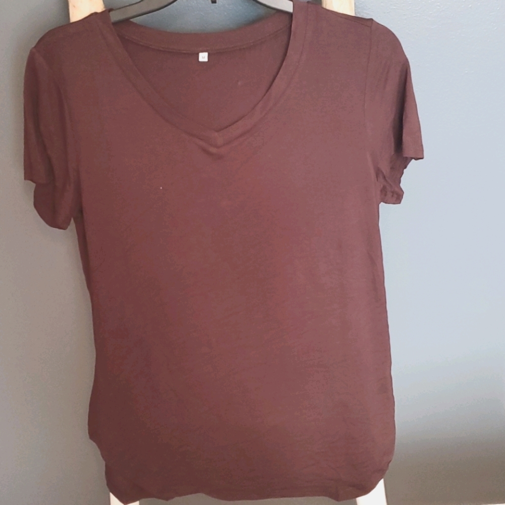 plain, short-sleeve, V-neck t-shirt in a deep brown. Medium.